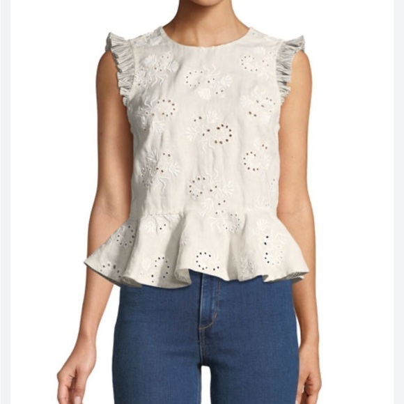 Rebecca Taylor Tops - Rebecca Taylor Garden Eyelet Peplum Linen Top Sleeveless Floral Embroidered